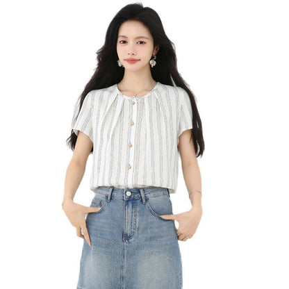 Cotton Linen Short Sleeve Shirt Women Stripe Blouse Ramie Top Elegant Luxury Stylish - UrbanNest Co