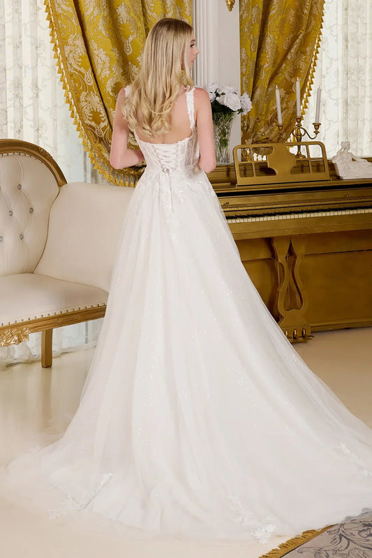 A - line wedding dress with V - neck and straps - UrbanNest Co