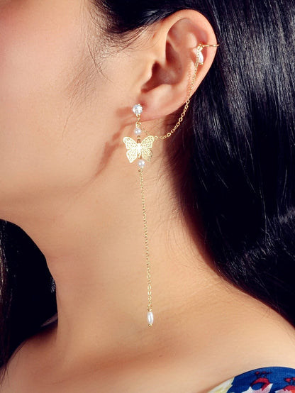 1pc Crystal Pearl Butterfly Long Chain Cartilage Stud Earring Stunning Ear Cuff - UrbanNest Co