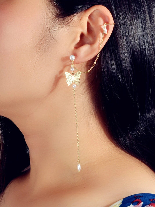 1pc Crystal Pearl Butterfly Long Chain Cartilage Stud Earring Stunning Ear Cuff - UrbanNest Co