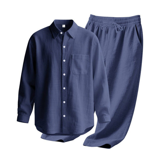Linen solid color lapel buckle casual long sleeved pants men's suit - UrbanNest Co