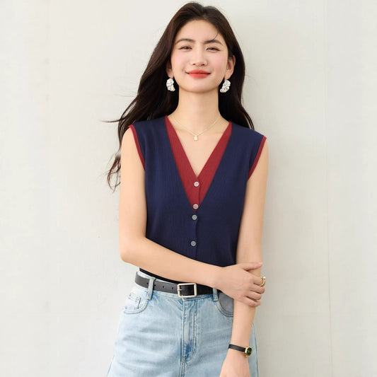 V - neck Sleeveless Knit Vest for Women, Faux Two - Piece Single - Button Top, Versatile Upperwear, Women's Clothing - UrbanNest Co