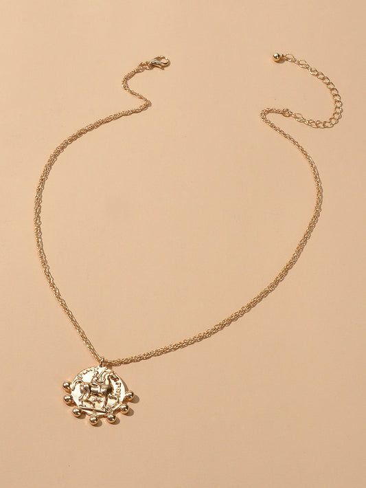 Gold Chain Carved Riding Horse Round Pendant Trendy Necklace Fashion Jewellery - UrbanNest Co