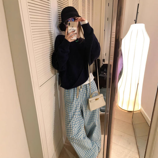 Casual All - Cotton Checkered Pants Versatile and Comfortable, Blueberry Souffle Design - UrbanNest Co