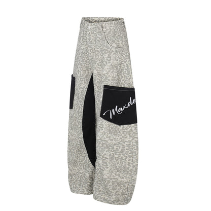 Color - Blocking Pocket Design Loose Straight Leg Wide Leg Versatile Floor - Length Trousers - UrbanNest Co