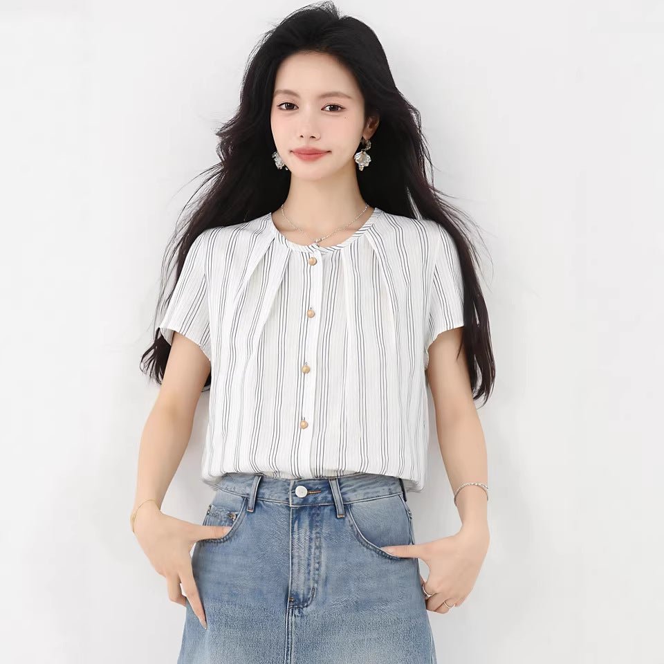 Cotton Linen Short Sleeve Shirt Women Stripe Blouse Ramie Top Elegant Luxury Stylish - UrbanNest Co