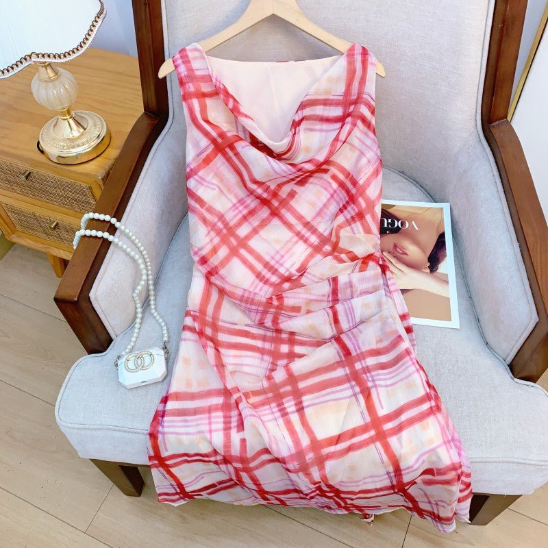 Everyday Stylish Red Checkered Ruffled High - Low Waist Sleeveless Dress Fashion Spring - UrbanNest Co