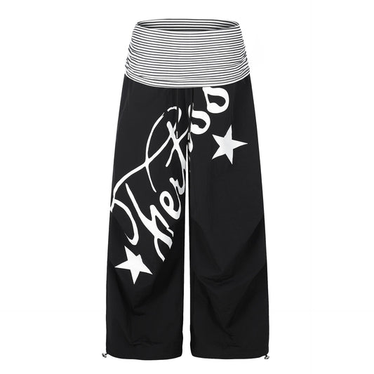 Stripe Waistband Letter Star Print Wide Leg Pants , High Waist Slimming - UrbanNest Co