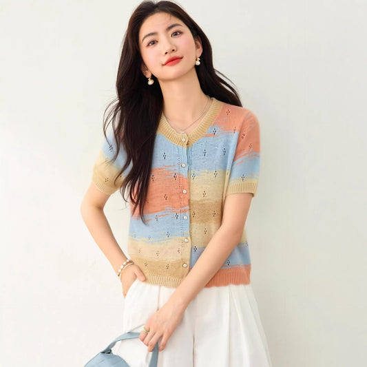 Simple Yellow Round Neck Gradient Hollow - out Short Sleeve Knit Cardigan for Women, Summer Fashion Casual Top - UrbanNest Co