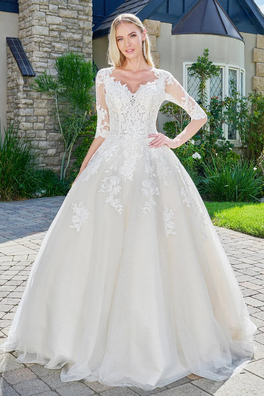 Wedding dress with V - neck, embroidered sparkly mesh and 1/2 sleeves - UrbanNest Co