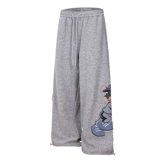 Cartoon Baseball Mouse Applique Sweatpants Loose Straight Leg Cuffed Casual Sport Long Pants Wholesale - UrbanNest Co
