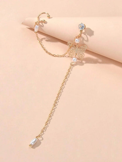 1pc Crystal Pearl Butterfly Long Chain Cartilage Stud Earring Stunning Ear Cuff - UrbanNest Co