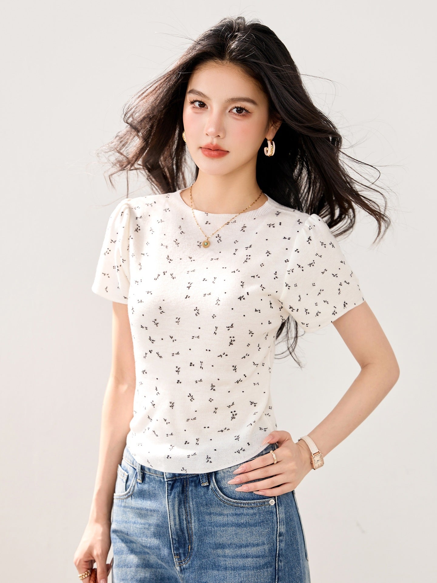 Retro Floral High - Shoulder Short Sleeve T-Shirt for Women, Summer Fashion Fitted Inner Layer Top - UrbanNest Co
