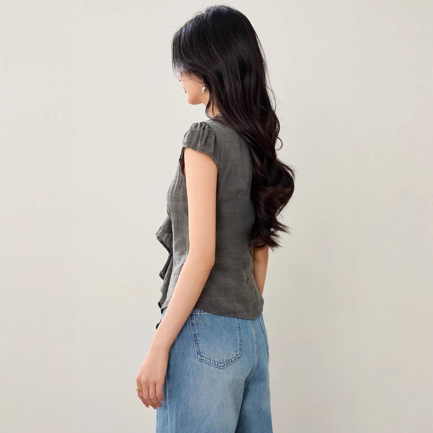 V - Neck Irregular Ruffle Design Shirt for Women, Summer Fitted Slimming Split Ribbon Short Sleeve Top - UrbanNest Co