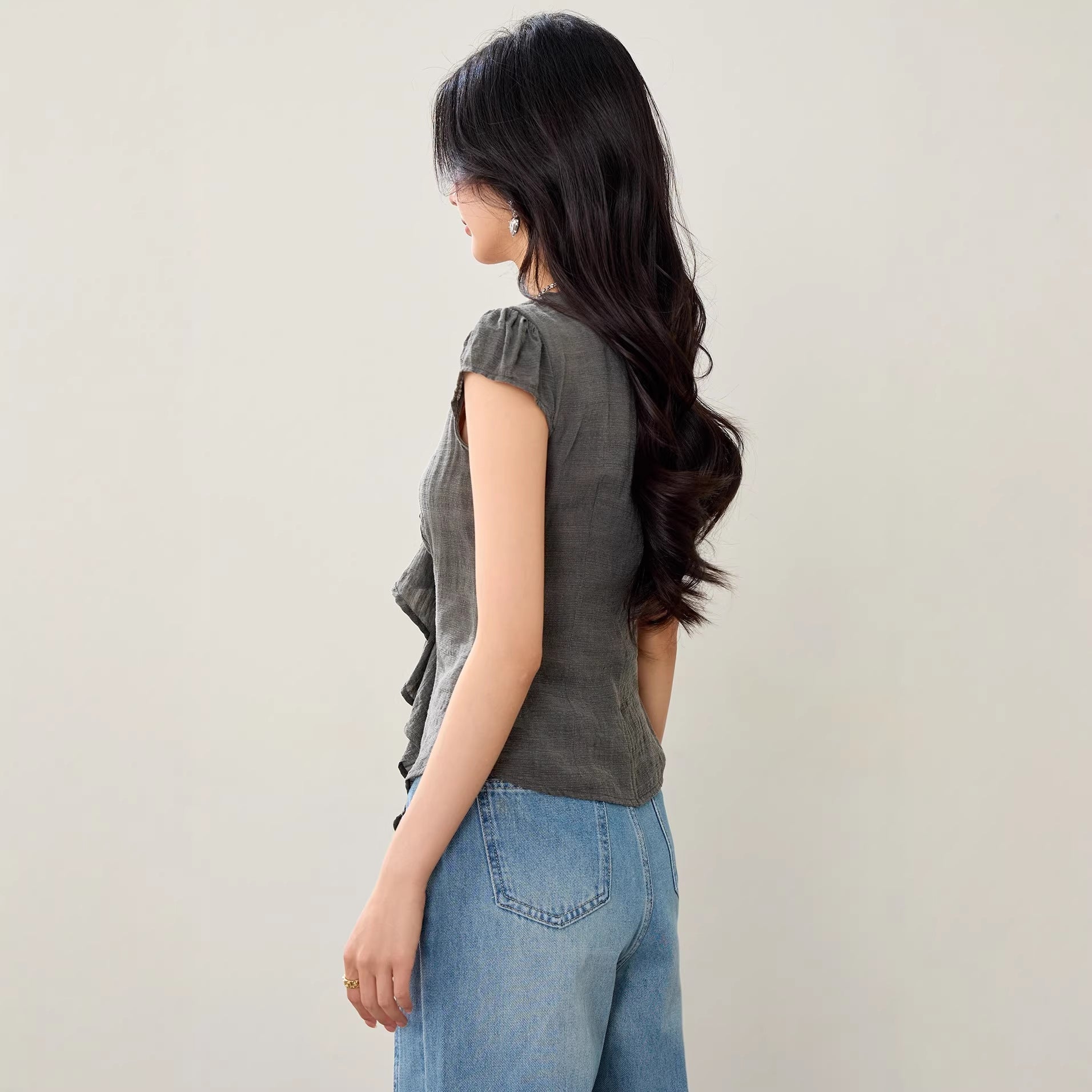 V - Neck Irregular Ruffle Design Shirt for Women, Summer Fitted Slimming Split Ribbon Short Sleeve Top - UrbanNest Co