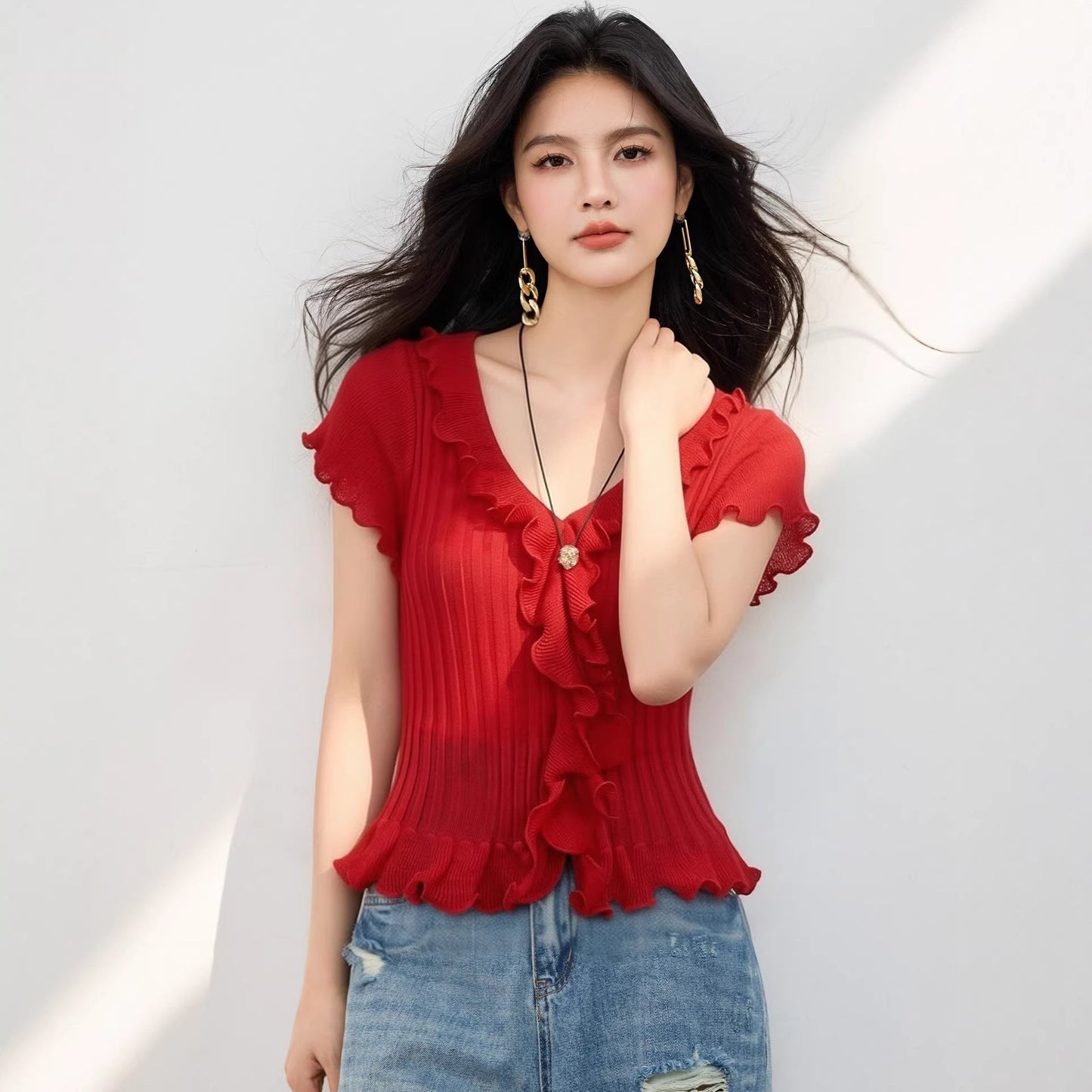Elegant Ruffled V - Neck Red Knit Top for WomenYouthful and Charming, Sweet Style, Fitted Fit - UrbanNest Co