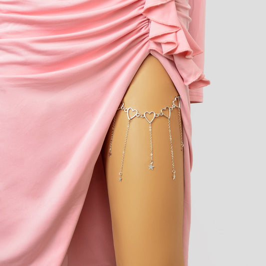 Sexy Black Elastic Rope Silvery Heart Star Tassel Leg Chain Party Club Beach Vacation Body Jewelry - UrbanNest Co