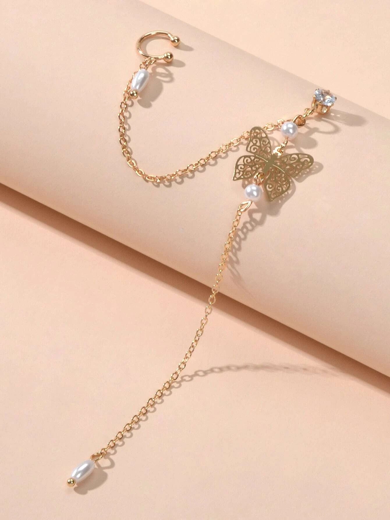 1pc Crystal Pearl Butterfly Long Chain Cartilage Stud Earring Stunning Ear Cuff - UrbanNest Co