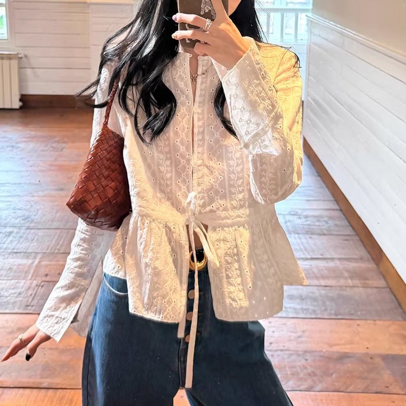Romantic Holiday Fully Embroidered Lace - Up Flared Sleeve Spring Summer Top White Knit Cardigan - UrbanNest Co