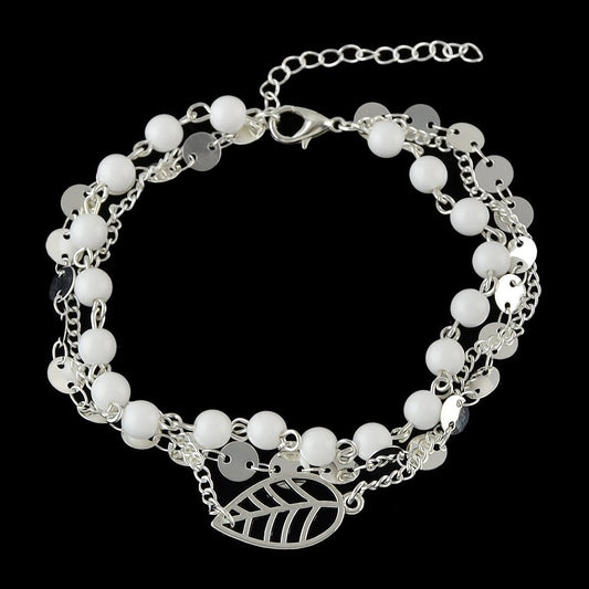 1 pc Foot Beach Jewellery Gold Silver Multi - layer Chain White Beads Leaf Anklet - UrbanNest Co