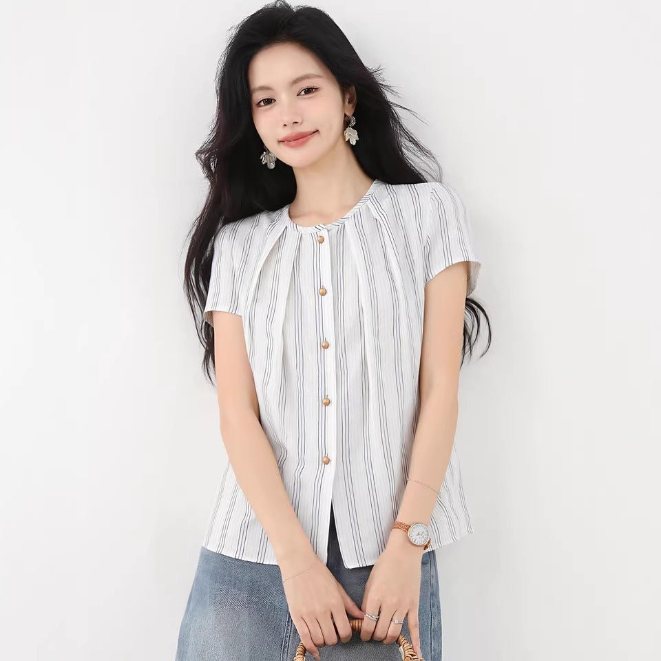 Cotton Linen Short Sleeve Shirt Women Stripe Blouse Ramie Top Elegant Luxury Stylish - UrbanNest Co