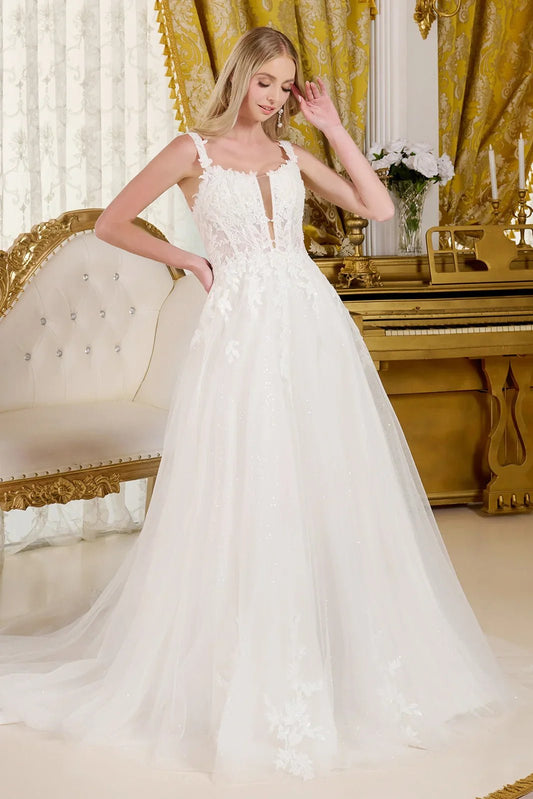 A - line wedding dress with V - neck and straps - UrbanNest Co