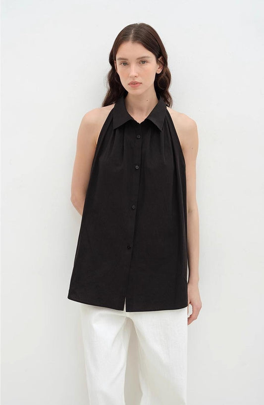 "Poland Island" imported pure cotton stand - up collar sleeveless striped shirt temperament top for women - UrbanNest Co
