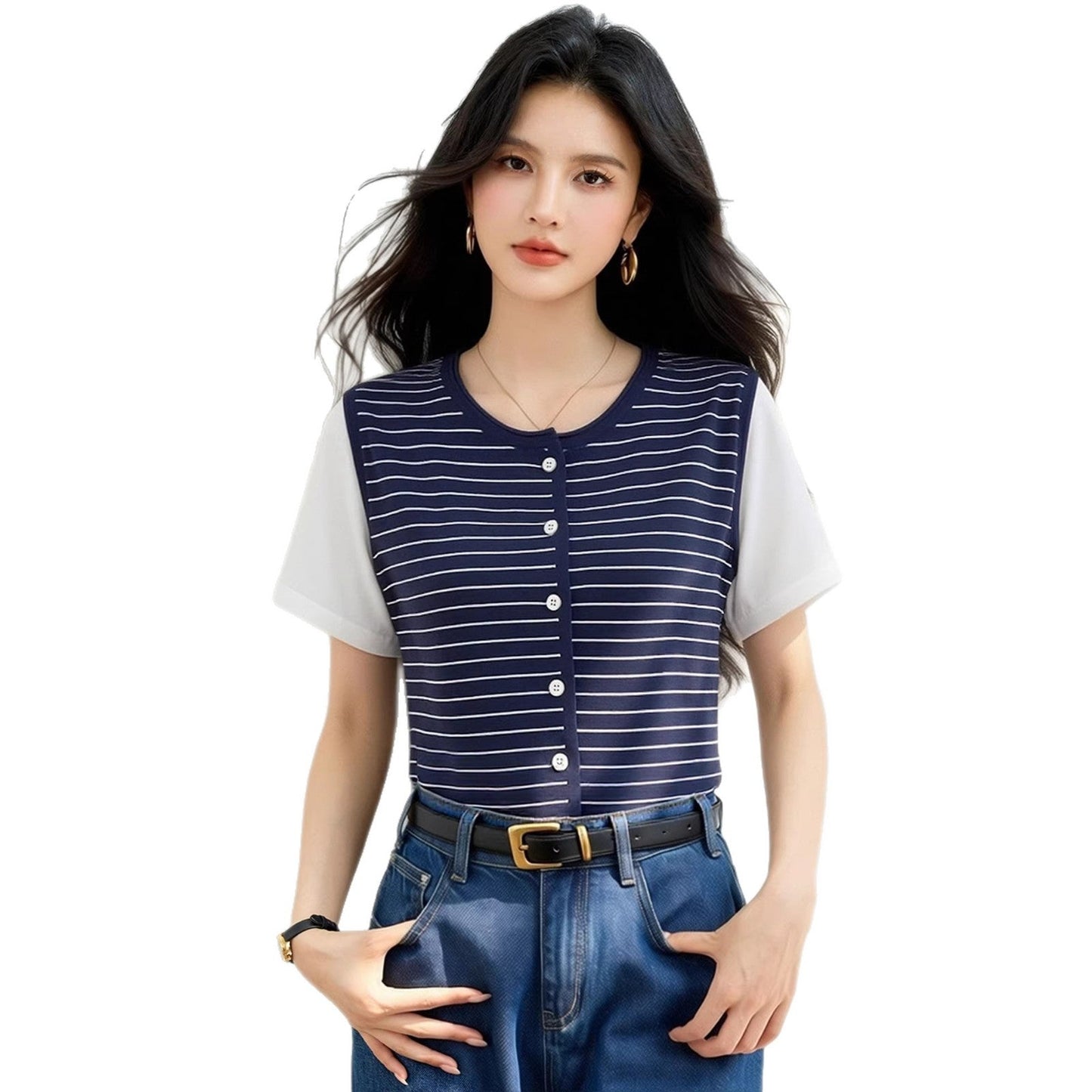 Color - blocked Stripe Round Neck False Two - Piece T-Shirt, Casual Loose Fit Top for Women - UrbanNest Co