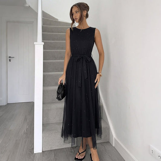 Round Neck Sleeveless Dress, Mesh Splicing Long Dress, Solid Color Belted Evening Dress for Women - UrbanNest Co