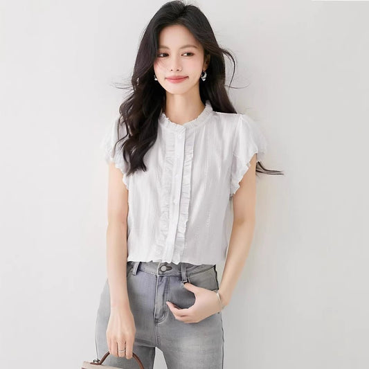 Cotton Ruffle White Short Sleeve Blouse for Women Summer Fashion Fly Sleeve Shirt Top - UrbanNest Co