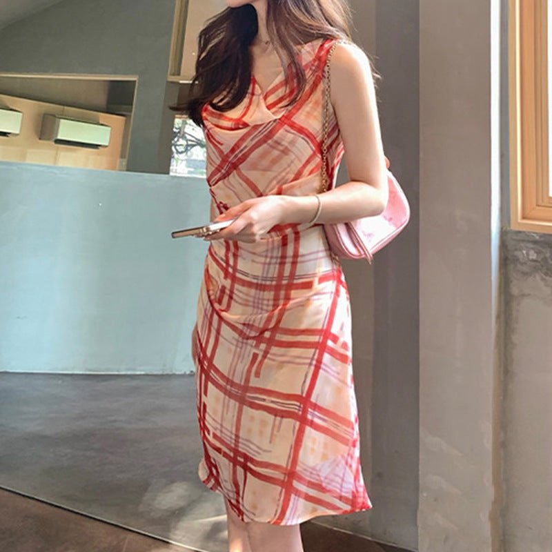 Everyday Stylish Red Checkered Ruffled High - Low Waist Sleeveless Dress Fashion Spring - UrbanNest Co