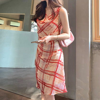 Everyday Stylish Red Checkered Ruffled High - Low Waist Sleeveless Dress Fashion Spring - UrbanNest Co