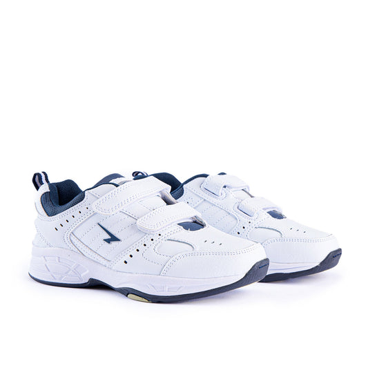 Defy Senior Leather V Strap Cross Trainer - White Navy - UrbanNest Co
