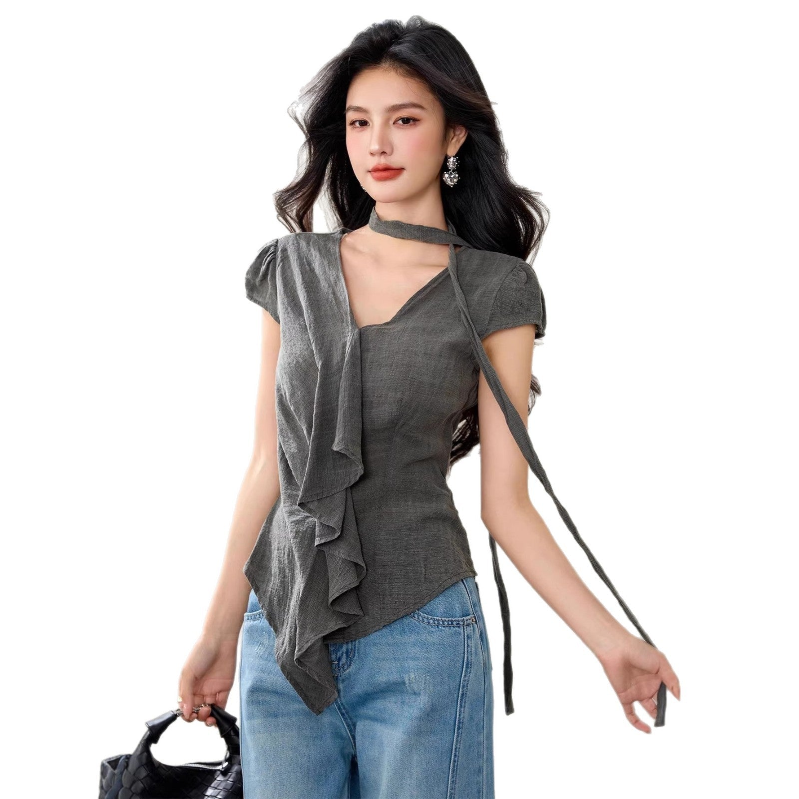 V - Neck Irregular Ruffle Design Shirt for Women, Summer Fitted Slimming Split Ribbon Short Sleeve Top - UrbanNest Co