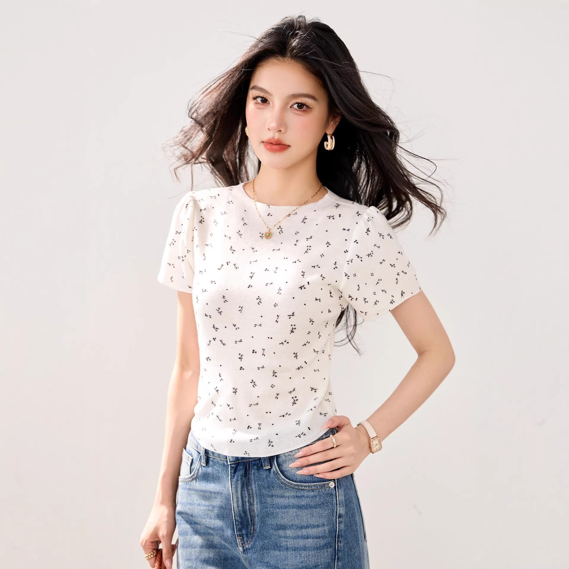 Retro Floral High - Shoulder Short Sleeve T-Shirt for Women, Summer Fashion Fitted Inner Layer Top - UrbanNest Co
