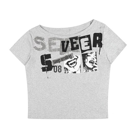 Distressed Printed Crop Top Women's Summer Sexy Slim - Fitting Casual Comfortable Short Sleeve Shirt Trendy - UrbanNest Co