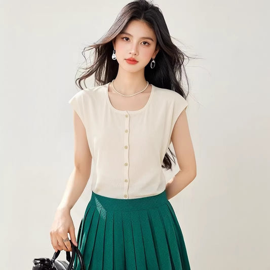 Vintage Tweed Square Neck Short Sleeve Knit Top for Women Summer Unique Elegant Gold Single Row Button Cardigan - UrbanNest Co