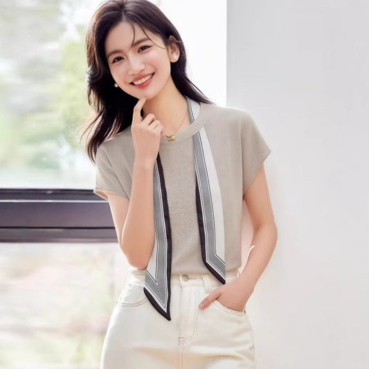 Scarf Tie Round Neck Straight Shoulder Ice Silk Knit Short Sleeve T-Shirt for Women Summer Design Sense Unique Fitted Top - UrbanNest Co