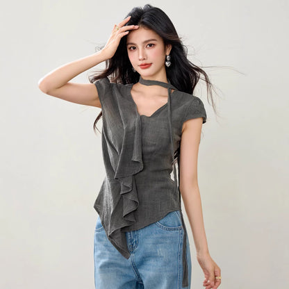V - Neck Irregular Ruffle Design Shirt for Women, Summer Fitted Slimming Split Ribbon Short Sleeve Top - UrbanNest Co