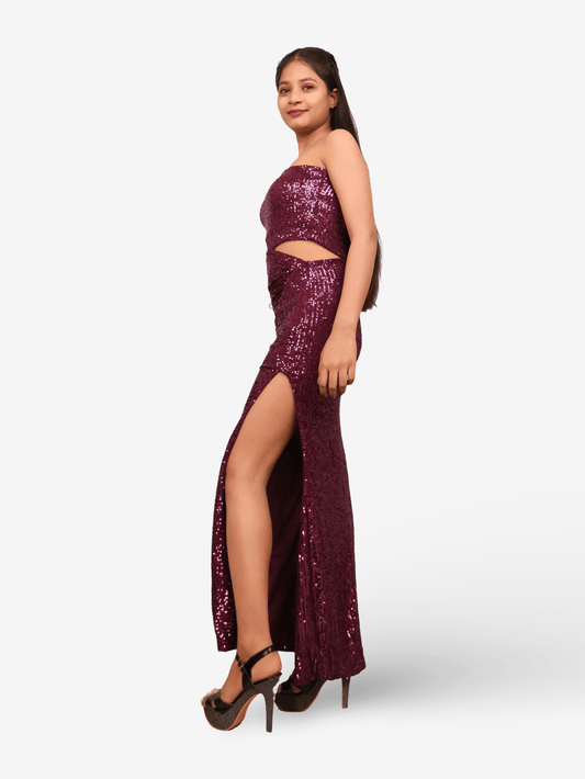 Wine Sequins One - Shoulder Maxi Party Dress by Shreekama - UrbanNest Co