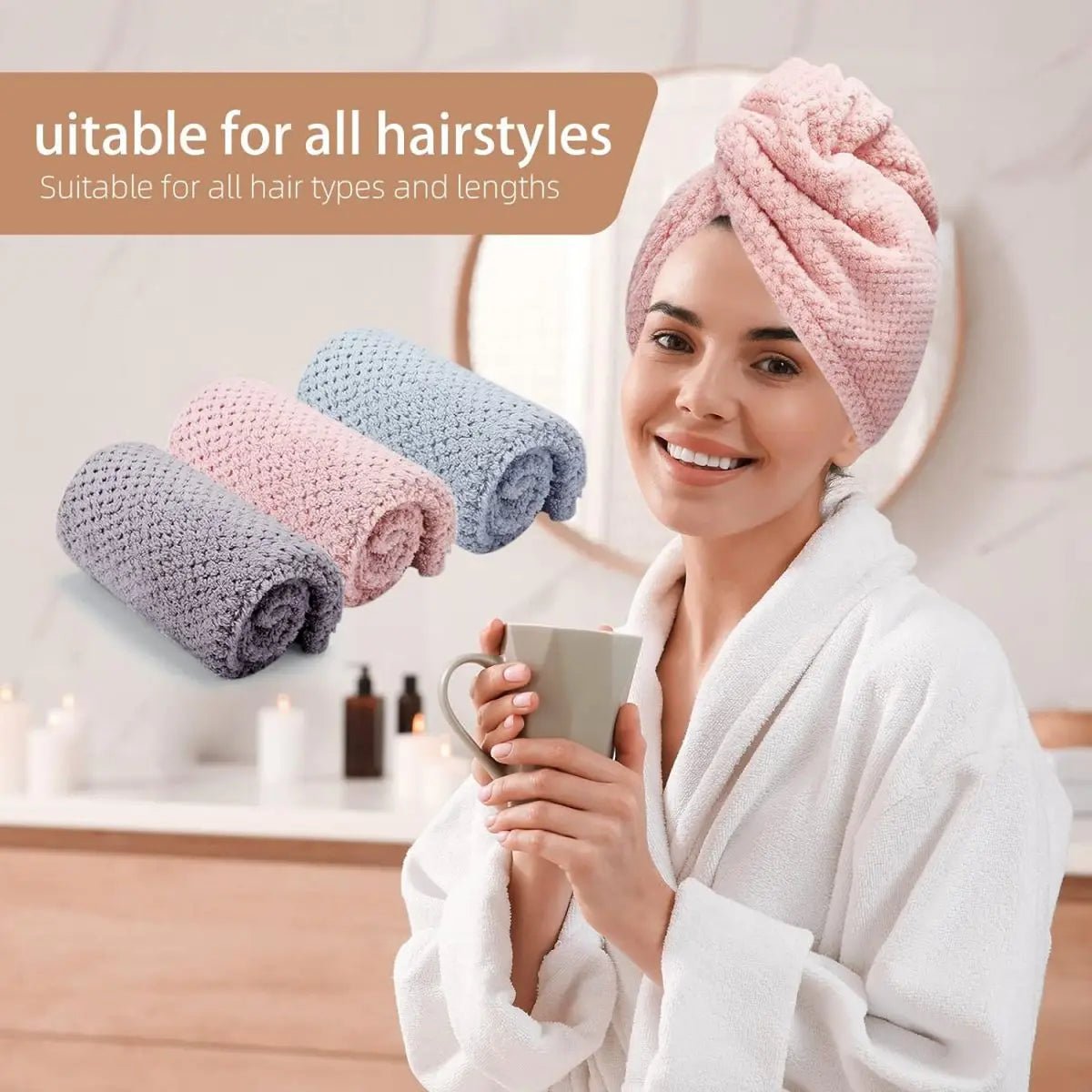 Solid color hair towel Textured dry hair cap 9.8 "X 25.5" absorbent hair towel wrap for button - down women - UrbanNest Co