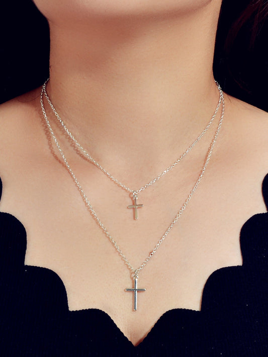 Fashion Jewellery Silver Chain Double layer Chain Cross Pendant Women Necklace - UrbanNest Co