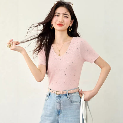 V - neck Fully Embellished Curved Hem Short Sleeve T-Shirt Women Slim Fit Elegant Commuter Versatile Top - UrbanNest Co