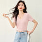 V - neck Fully Embellished Curved Hem Short Sleeve T-Shirt Women Slim Fit Elegant Commuter Versatile Top - UrbanNest Co