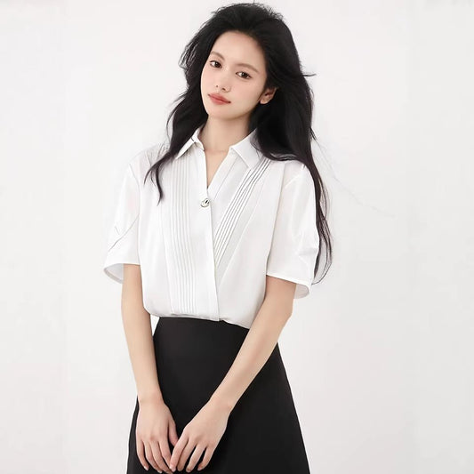 White V - Neck Blouse for Women, Elegant Office Wear, Stylish and Unique Top for Teaching Certification Interview - UrbanNest Co