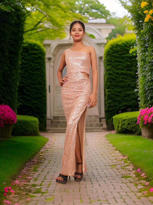 Sequins One - Shoulder Maxi Party Dress by Shreekama - UrbanNest Co