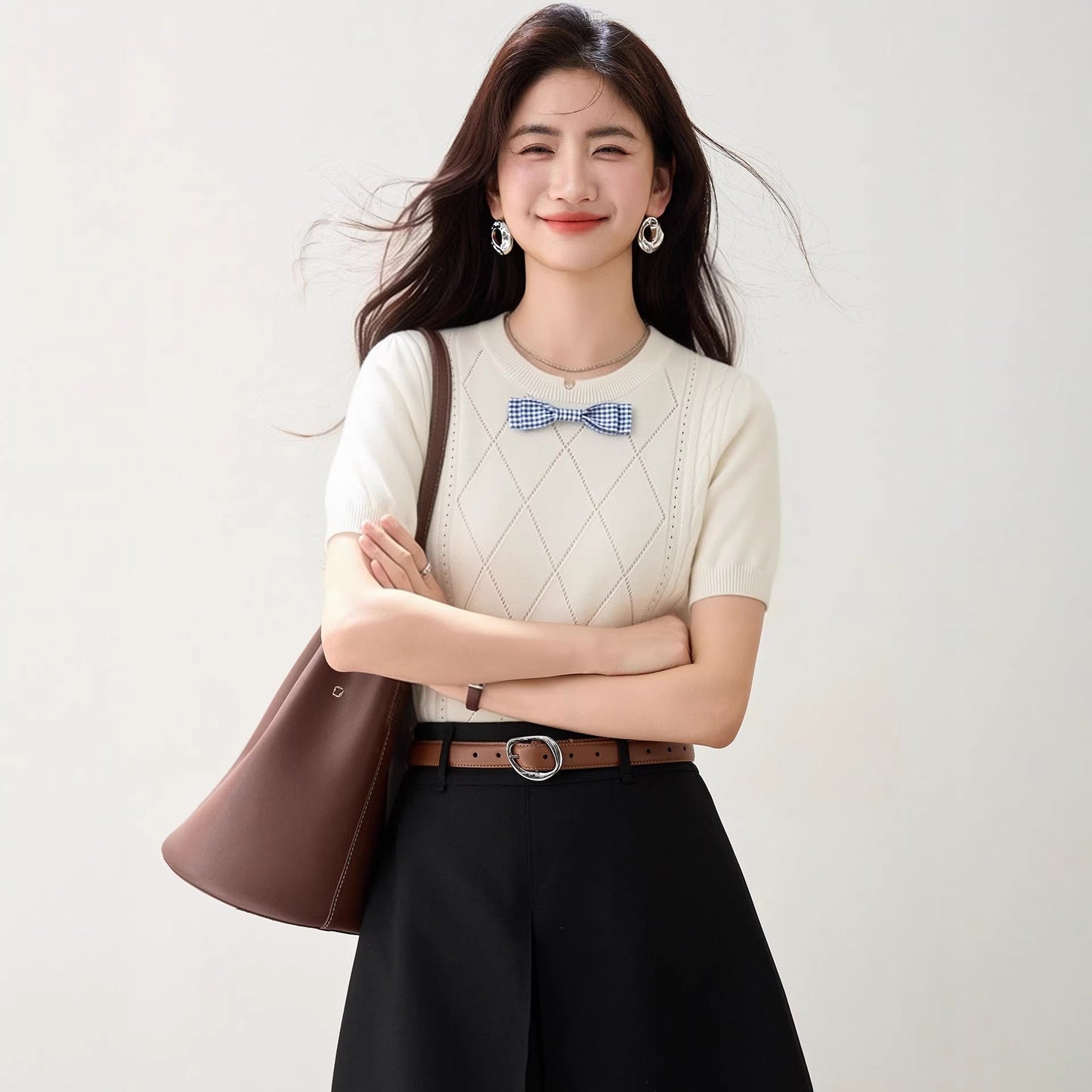 Bow Decorated Knit Regular Shoulder Short Sleeve T-Shirt for Women, Fitted Trendy Casual Top - UrbanNest Co