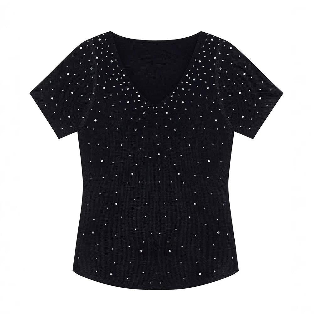 V - neck Fully Embellished Curved Hem Short Sleeve T-Shirt Women Slim Fit Elegant Commuter Versatile Top - UrbanNest Co