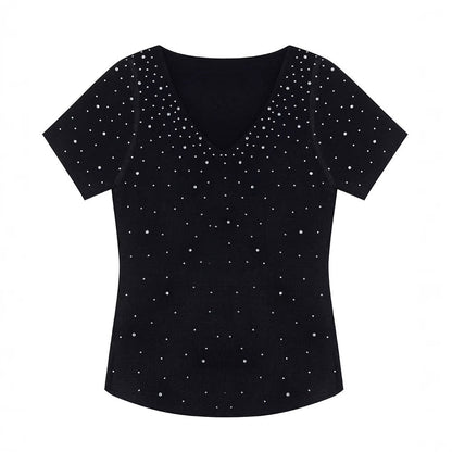 V - neck Fully Embellished Curved Hem Short Sleeve T-Shirt Women Slim Fit Elegant Commuter Versatile Top - UrbanNest Co