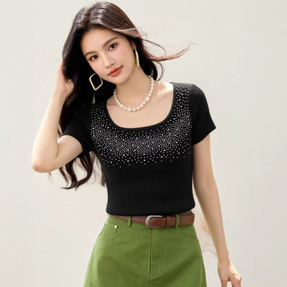 Fashionable Black Embellished U - Neck Short Sleeve Knit Top for Women, Slim Fit, Elegant Inner Layer or Standalone Wear - UrbanNest Co